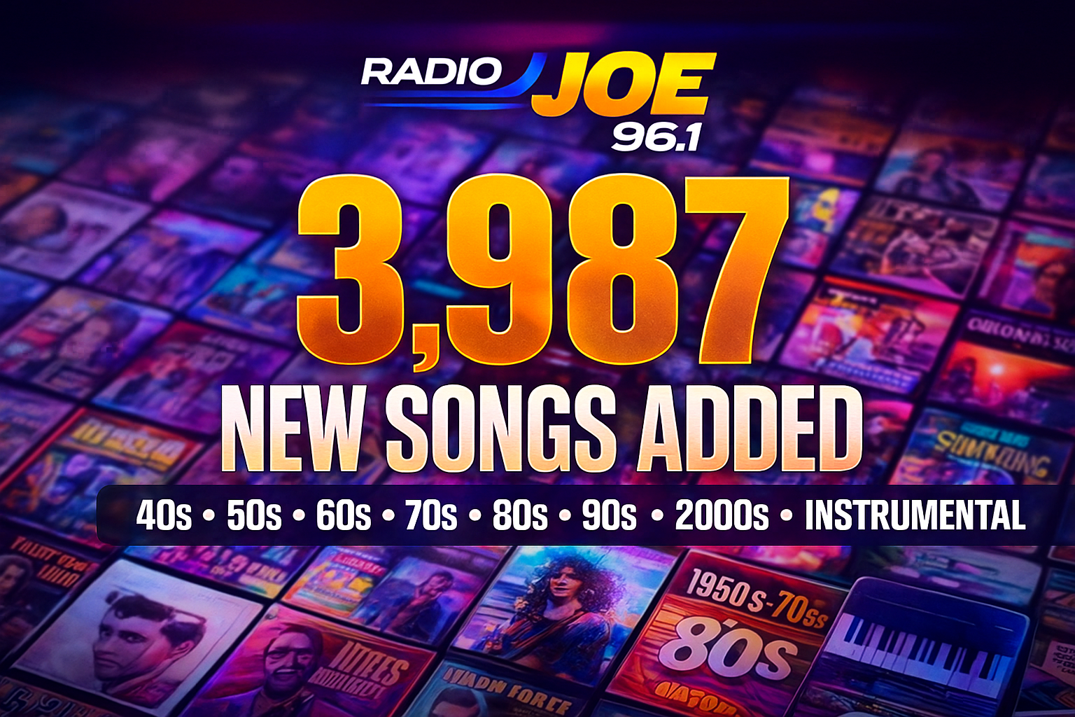 Promotional graphic announcing the addition of 3,987 new songs to Radio Joe 96.1 WRJE-LP, featuring colorful music waveforms and bold text
