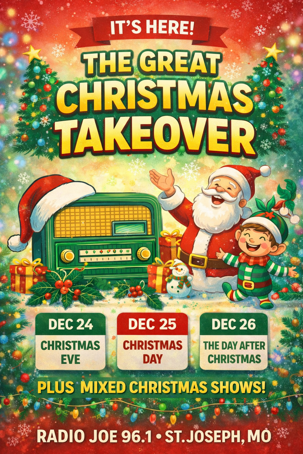 Festive graphic announcing “The Great Christmas Takeover” on Radio Joe 96.1 WRJE-LP, showing Santa, an elf, Christmas trees, a vintage radio, and dates for Dec 24, Dec 25, and Dec 26 with mixed Christmas shows.