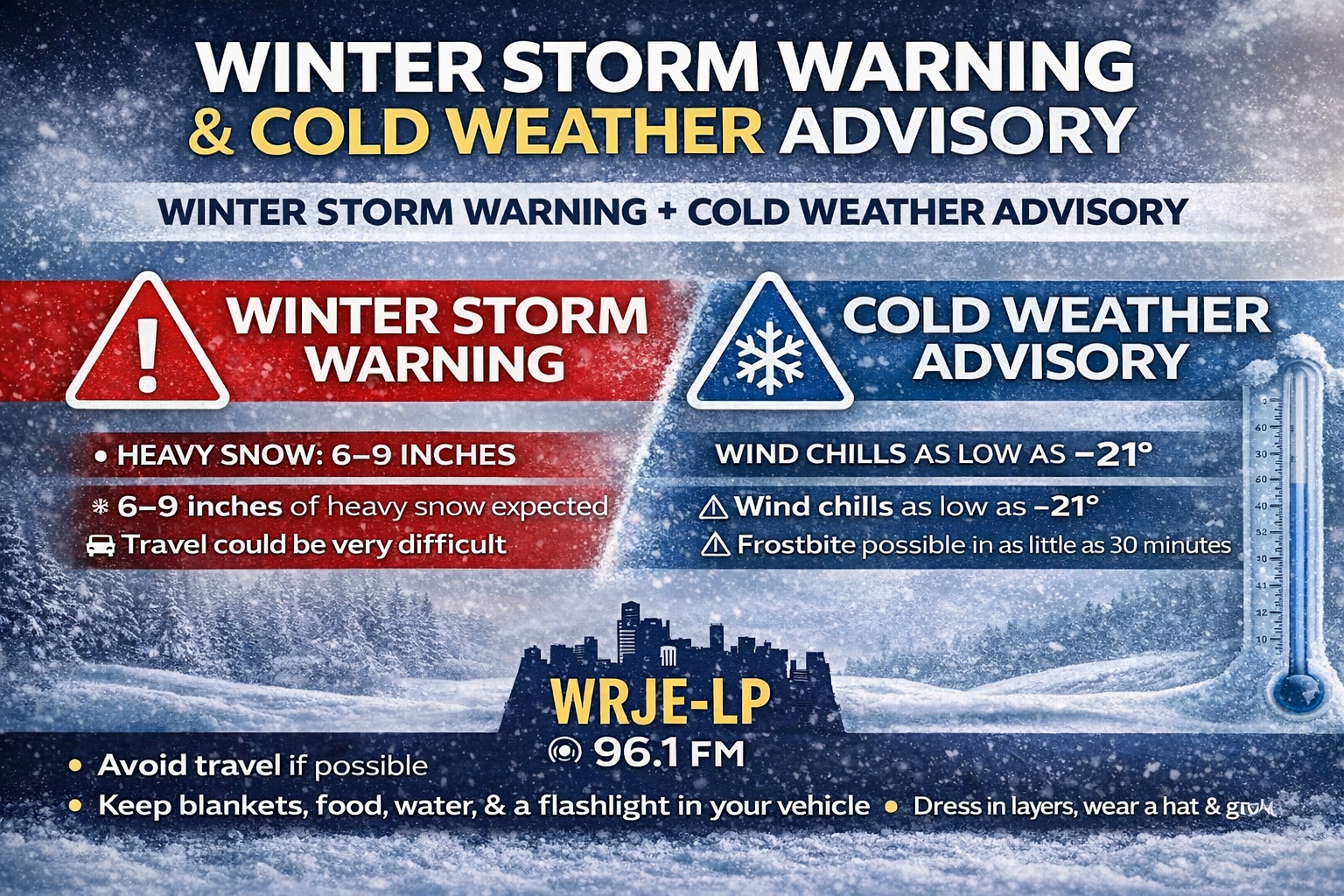 Combined Winter Storm Warning and Cold Weather Advisory banner showing snowfall totals, wind chills, and WRJE-LP 96.1 FM branding.