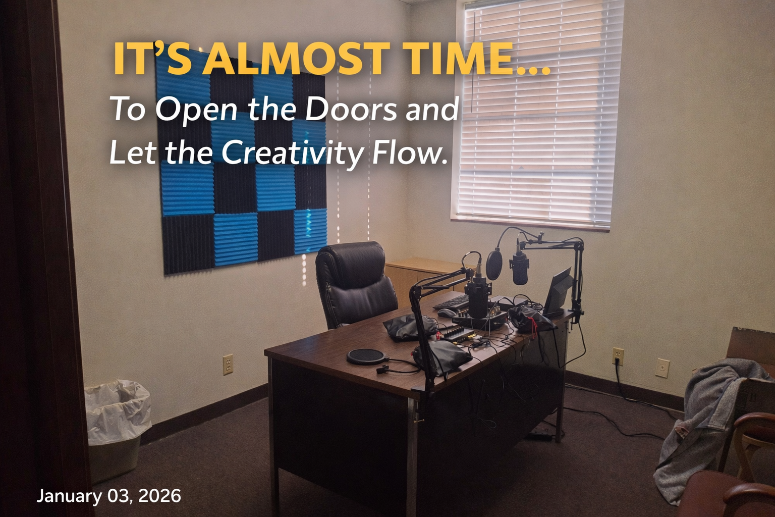 A photo of the new WRJE-LP 96.1 FM radio studio with an open door and text saying “It’s almost time to open the doors and let the creativity flow.”