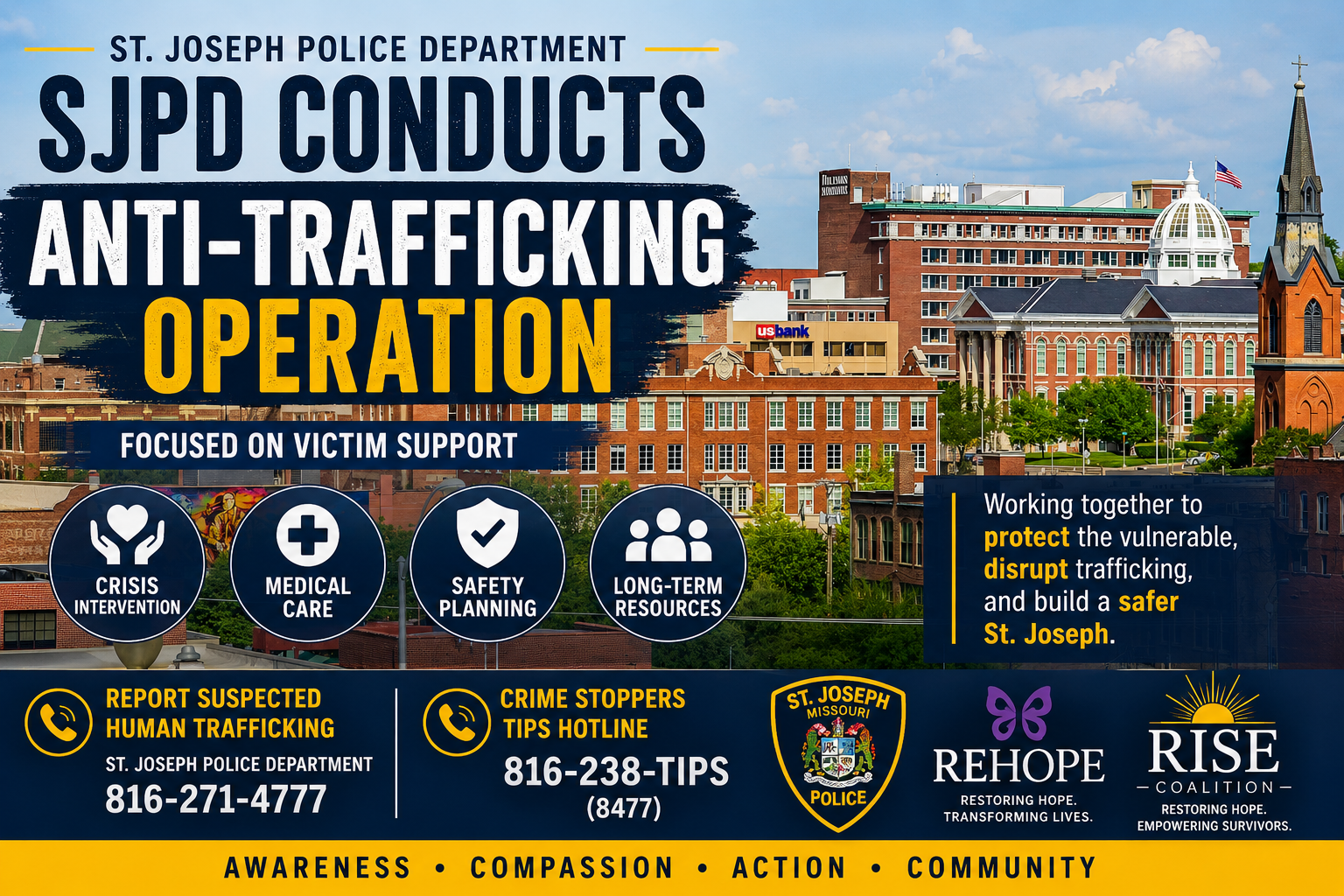 Graphic showing St. Joseph Police Department anti-trafficking operation over downtown St. Joseph skyline with victim support resources and hotline numbers.