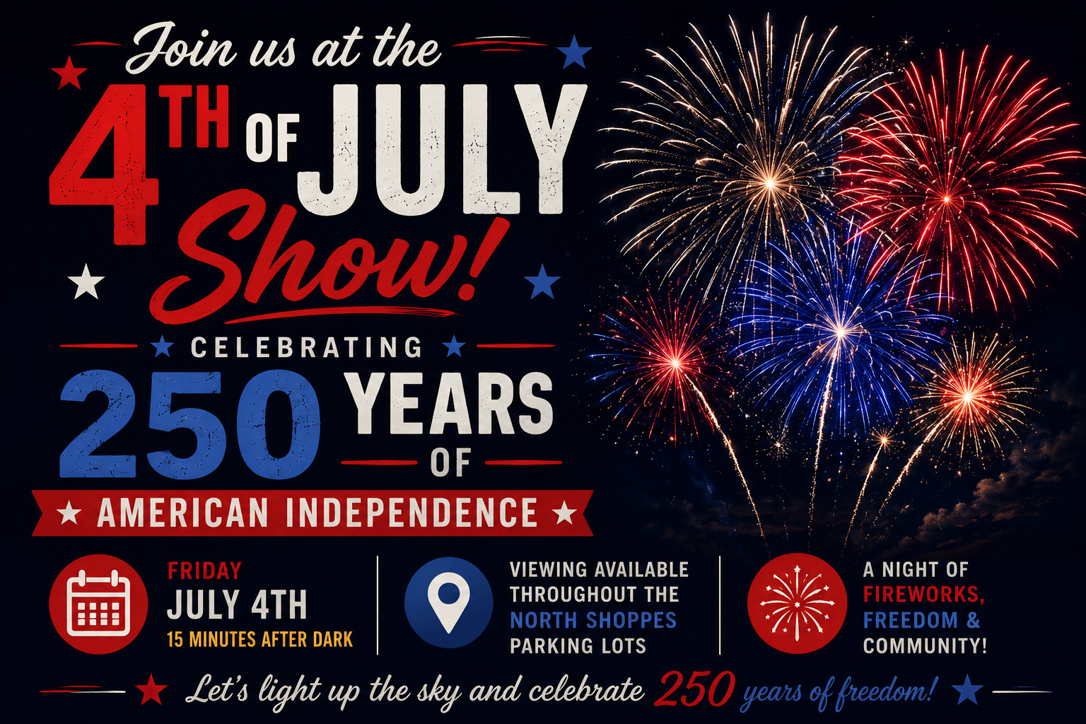 Promotional graphic for St. Joseph Fourth of July fireworks celebration featuring fireworks in a dark sky and text celebrating 250 years of American independence.